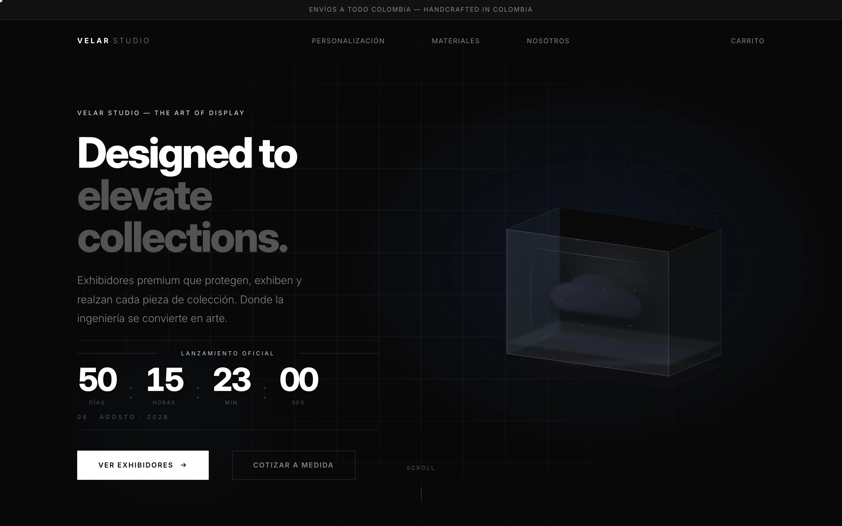 Velar Studio — Sitio web Shopify, vista del banner de inicio