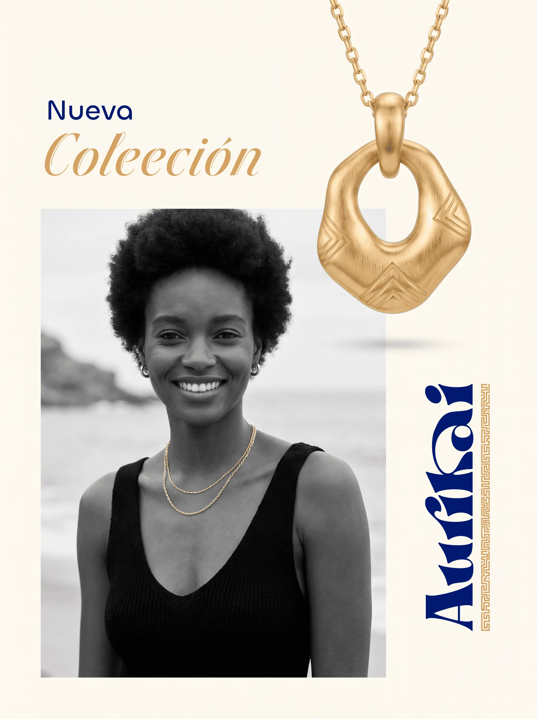 Pieza de campaña de Aurikai: dije de oro y modelo con collares de la nueva colección
