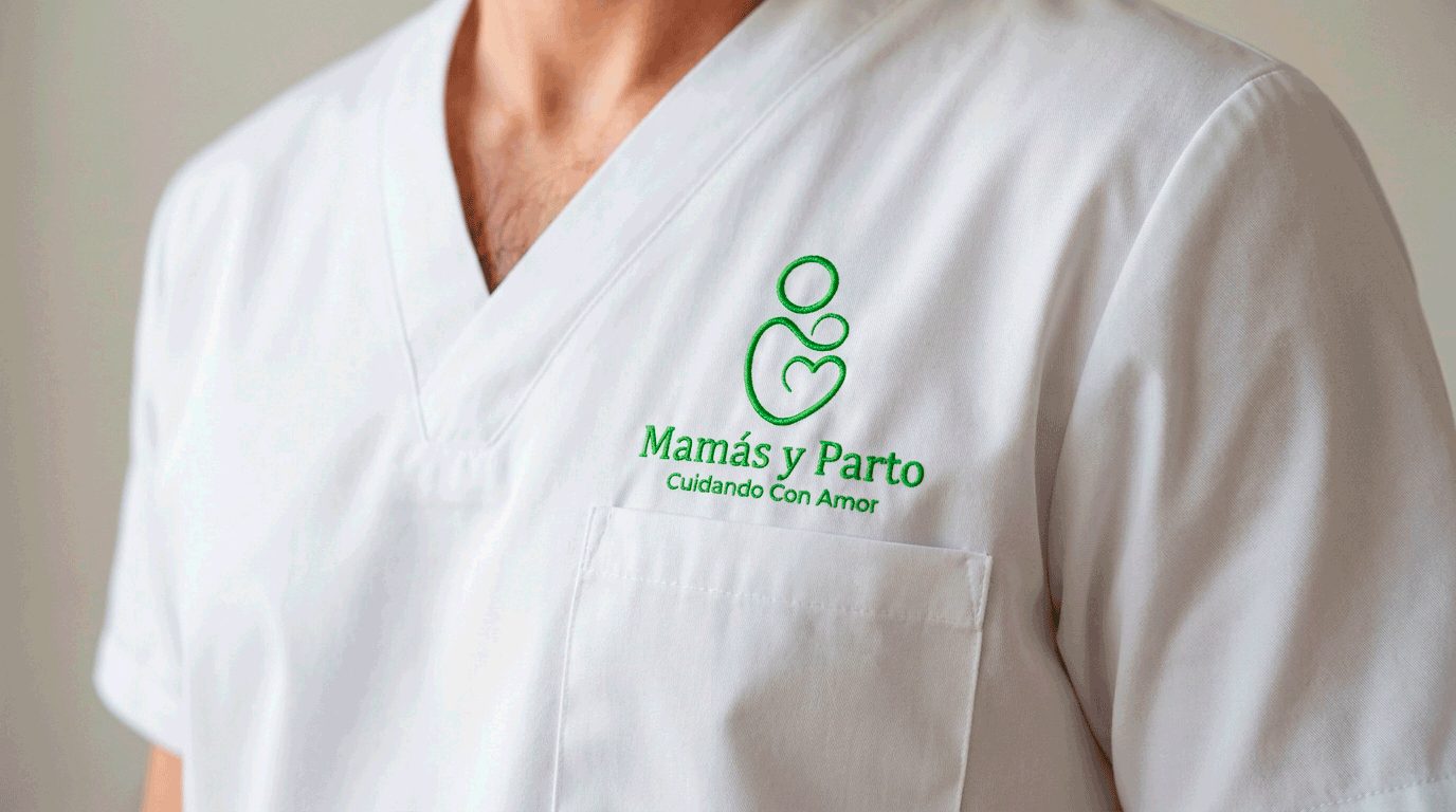 Isotipo de Mamás y Parto bordado en un uniforme clínico