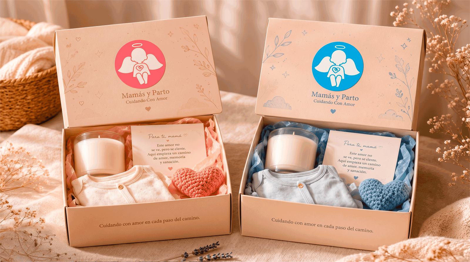 Cajas de acompañamiento para duelo perinatal con la marca aplicada