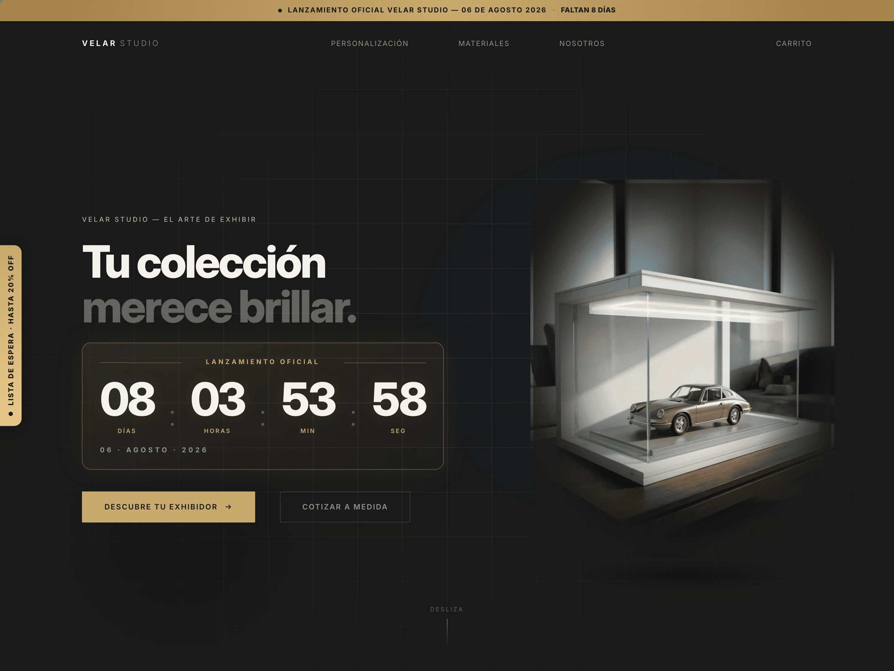 Página web de Velar Studio con temporizador de lanzamiento y exhibidor destacado