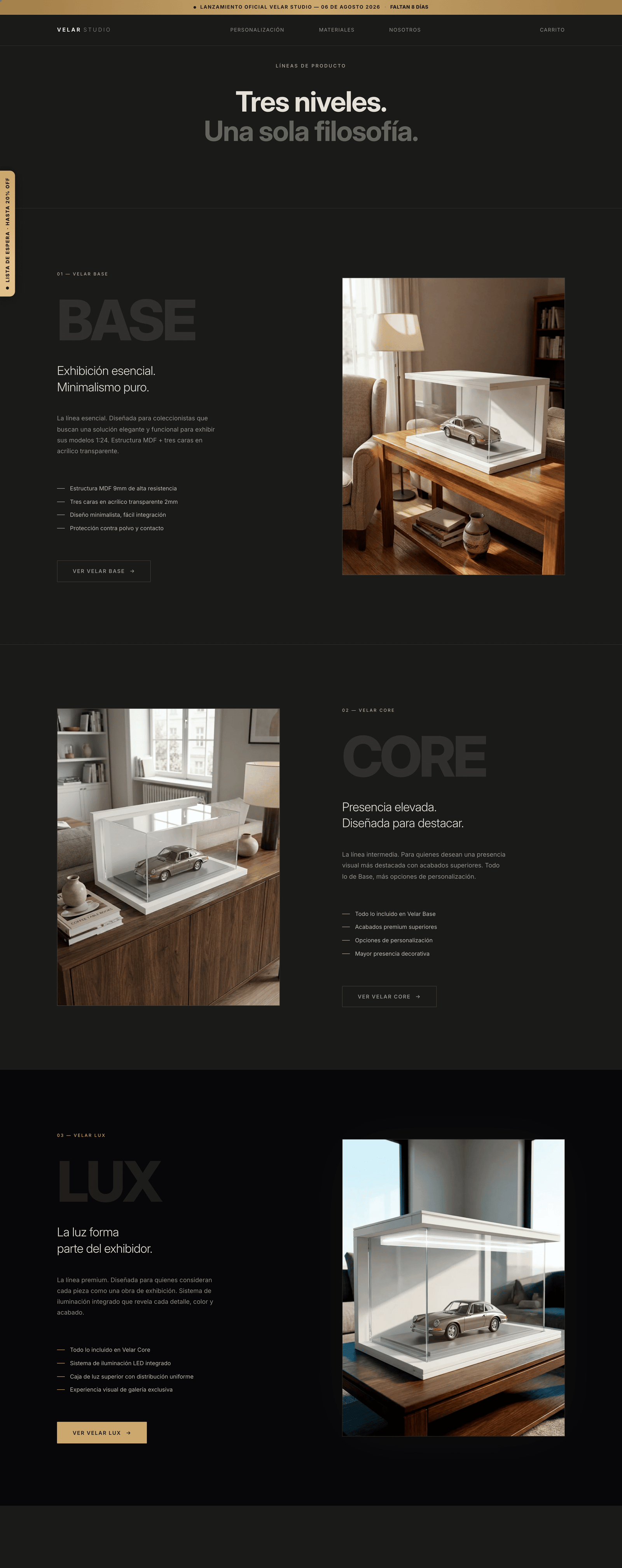 Página web de Velar Studio mostrando sus tres líneas de exhibidores: Base, Core y Lux