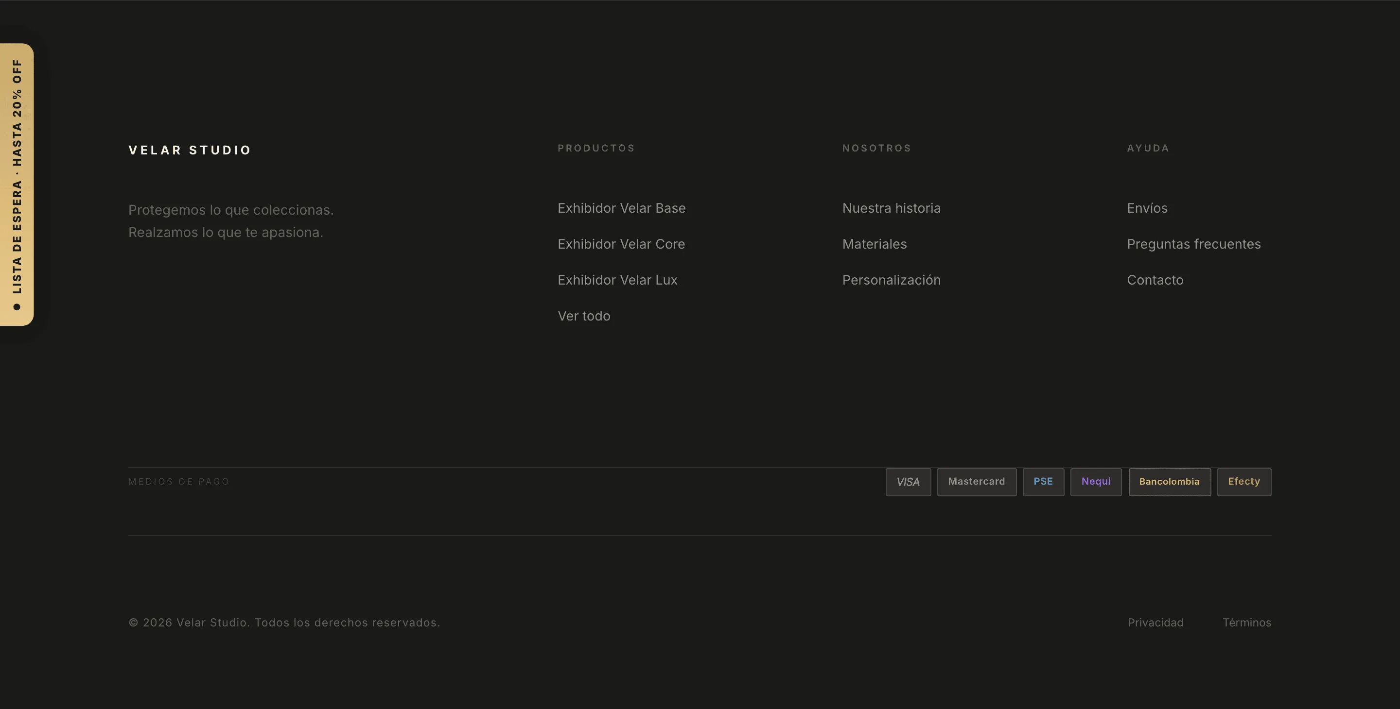 Pie de página del sitio web de Velar Studio con enlaces, métodos de pago y datos de contacto